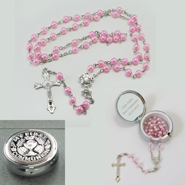 First Communion Pink Rosary with Engraved Metal box, Personalized Trinket Box Girl's Gift