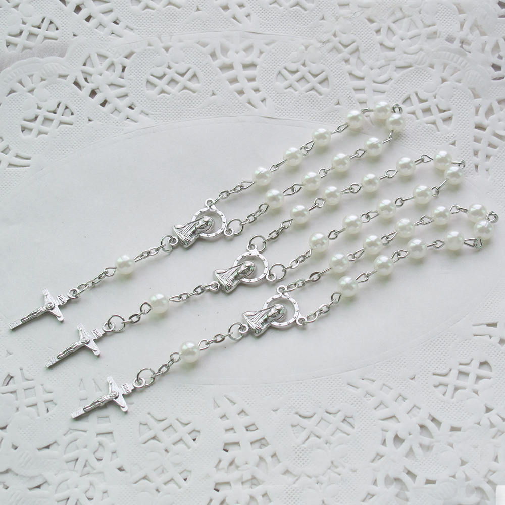 thumbnail interactive-video image 1 of 12 Bulk Blue & Silver Faux Pearl Rosaries – Baptism, Wedding, Memorial 1 of 3