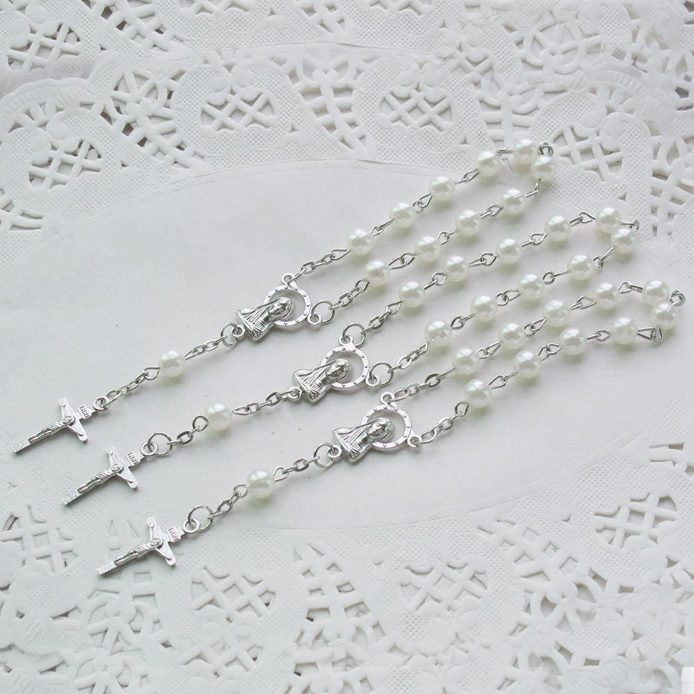 12 Bulk Blue & Silver Faux Pearl Rosaries – Baptism, Wedding, Memorial