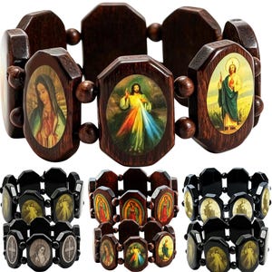 May include: A stretch bracelet featuring dark brown wooden octagonal links, each displaying a religious icon print. The icons include depictions of Jesus, the Virgin Mary, and various saints, separated by small round wooden beads in a matching tone.