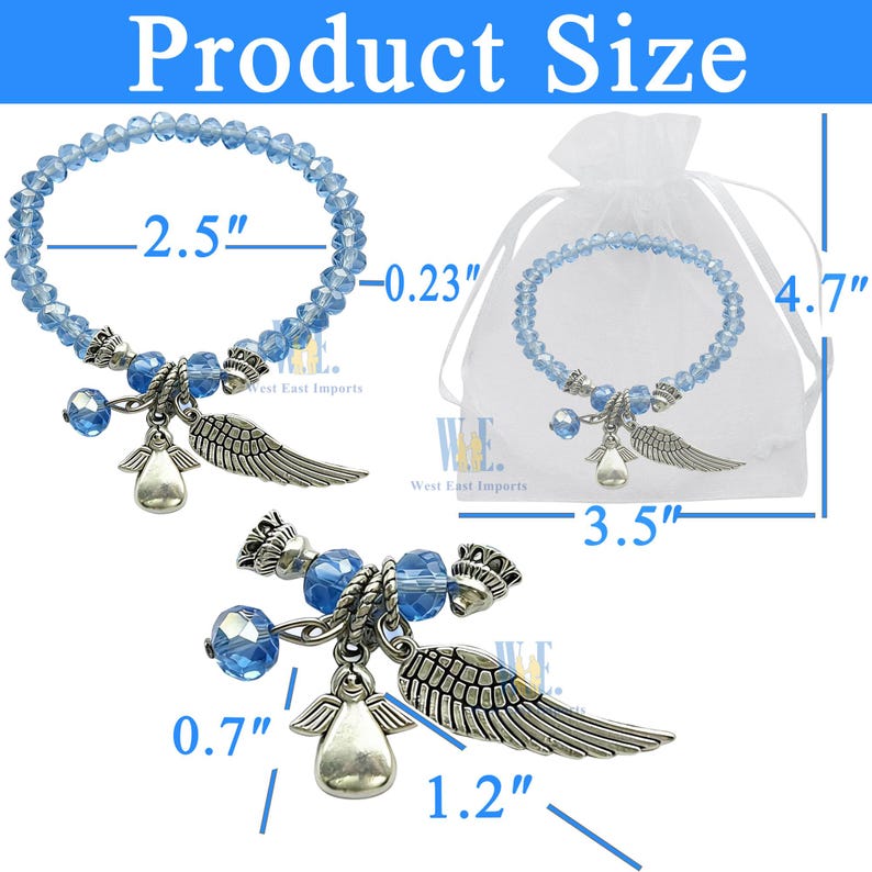 Puede incluir: Pulsera de cuentas de cristal azul claro con dijes plateados de &aacute;ngel y ala. La pulsera tiene un di&aacute;metro de 6,35 cm y cuentas de 0,58 cm. Incluye una bolsa blanca de 11,94 cm por 8,89 cm, con dijes que miden 1,78 cm y 3,05 cm de largo.