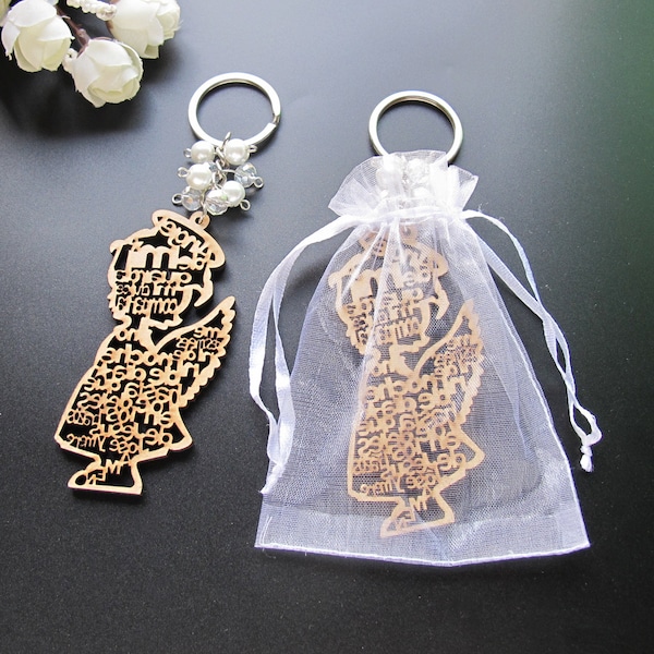 12 PCS Baptism Favor Wooden Angel Design laser Cut Keychain Gift Bag Recuerdos de Bautizo Girl Gift For Guest