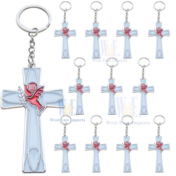 12 Pcs Confirmation Red Holy Spirit dove Cross Keychain Party Favor enamel Cross Key Ring