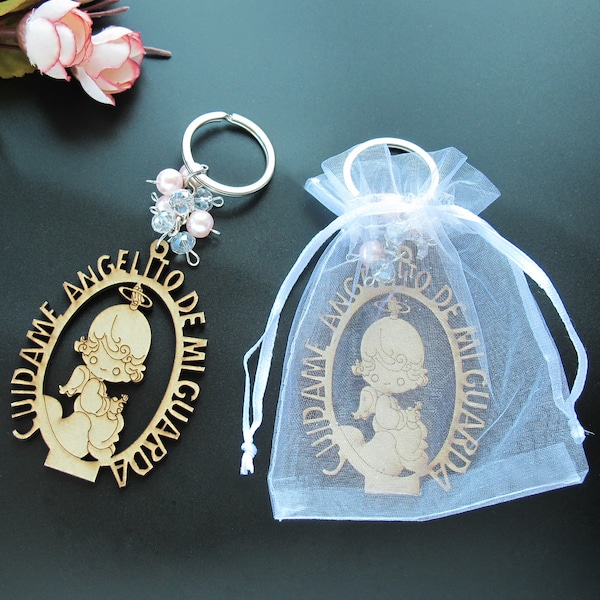 12Pcs Baptism Wood Keychain baptism Favors with Angel Girl Recuerdos de Bautizo with Organza gift bags