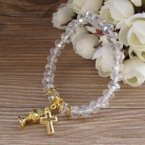 1st Communion (12 PCS) Stretch Crystal Bracelet Gold Metal Chalice Cross Charms Recuerdos para Primera Comunion Niña Niño JA391G