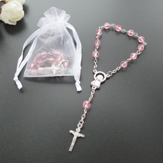 24pcs Acrylic Mini Rosary Favors for Girl Pink Baptism Communion  Recuerditos De Bautismo Christening Decenarios Wedding-ja050pnk 