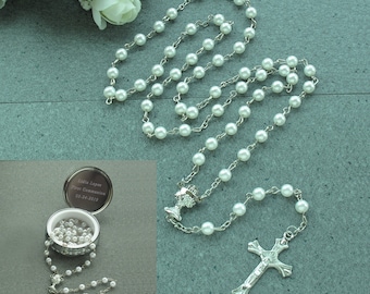 First Communion Rosary with Engraved Metal box, Personalized Trinket Box, Gift for Holy communion