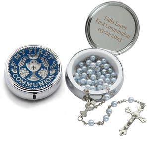 First Communion Blue pearl Rosary with Metal gift Case for Boy Personalized Gift