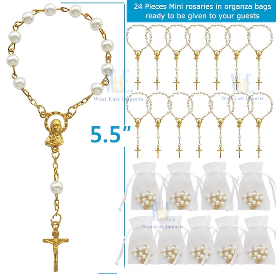 JUXINGDAZYF 30 Pcs White Baptism Conducive To Seven-Color Accent Mini Rosary AB Acrylic Beads/Recuerditos De Bautismo/Christening Favors/Decenarios/Ten Years/Finger Rosary (Gold