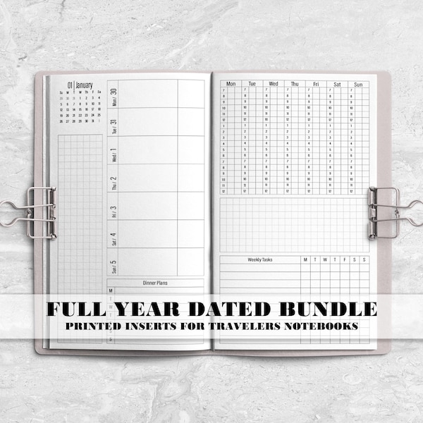 Printed Full Year Dated Inserts for Travelers Notebook Covers - Passport - Pocket - B6 - A6 - A5 - Standard - Cahier - B6 Slim - H-WO2P-0003