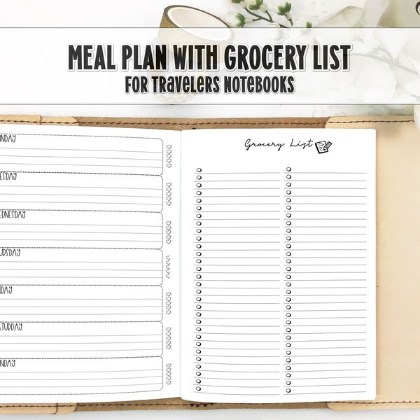 Meal Plan & Grocery List Insert for Traveler's Notebook - Printed Travelers Notebook Insert