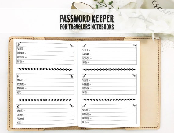 Password Keeper for Traveler's Notebook Printed Travelers Notebook Insert 