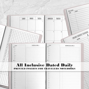 Inserto impreso diario con fecha, todo incluido, para cuadernos de viaje - Fecha por día en una página - Calendario mensual con fecha