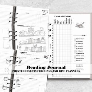 May include: A reading journal with printed inserts for ring and disc planners. The white pages feature black ink layouts including a year of reading tracker, book challenge shelves, and reading logs with sections for titles, authors, and ratings.