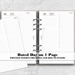 Inserto de agenda diaria con fecha para su agenda de anillas o discos - Recambio de agenda impresa - Elija mes de inicio y fuente impresa o manuscrita - DD0013
