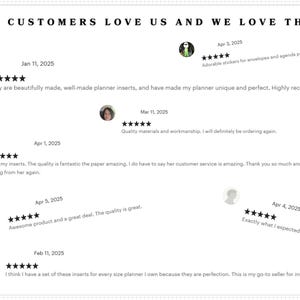 a collection of customer reviews and feedback for a product, specifically a planner. The reviews express appreciation for the quality and uniqueness of the planner, as well as the customer service provided. The reviews are dated from different months, including April, May, and February, and they all have five-star ratings. The image is a collage of these reviews, highlighting the positive experiences and satisfaction of the customers.