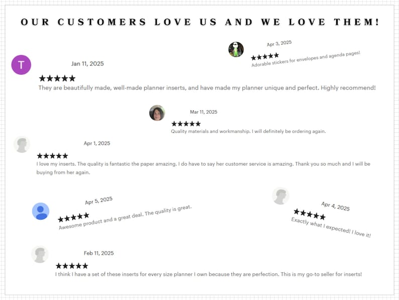 a collection of customer reviews and feedback for a product, specifically a planner. The reviews express appreciation for the quality and uniqueness of the planner, as well as the customer service provided. The reviews are dated from different months, including April, May, and February, and they all have five-star ratings. The image is a collage of these reviews, highlighting the positive experiences and satisfaction of the customers.