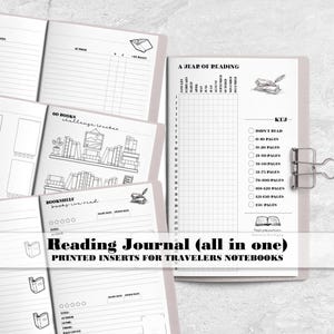 May include: A reading journal with printed inserts for travelers notebooks, featuring pages titled Reading Log, Monthly Top of the Shelf, 60 Books Challenge Tracker, Books to be Read, and A Year of Reading with a key for page counts and a metal binder clip.