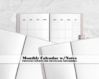 Undated Monthly Calendar with Notes - Printed Travelers Notebook Insert
