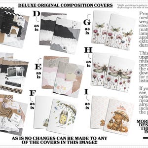 a collection of various composition covers, including printed materials and designs, as well as a note about the price of the covers.