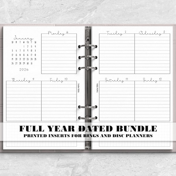 Printed Full Year Dated Months and Weeks Planner Insert for Ring or Disc Bound Planners - V-WO2P-0003