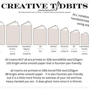 a collection of different notebook sizes, ranging from 5.8 x 5.8 to 5.5 x 5.5, with the largest being 5.5 x 5.5. The text indicates that all notebooks are now handstitched instead of using staplers, and that all inserts are printed on 32ib bond/80lb text/120gm 100 bright white smooth paper that is fountain pen friendly.