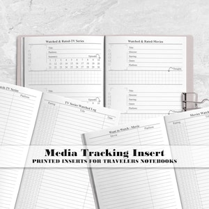May include: A set of white paper media tracking inserts for travelers notebooks featuring black printed grids and text. The pages include sections for Watched & Rated-TV Series, Watched & Rated-Movies, Want to Watch-TV Series, TV Series Watched Log, Want to Watch-Movie, and Movies Watched Log.