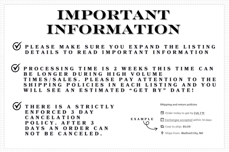 a list of instructions and policies related to shipping and returns, with a focus on the shipping and return policies.