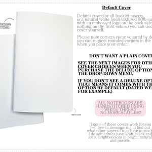 The image is a white folder with a natural white linen texture, and it is described as a "Default Cover" for all booklet inserts.