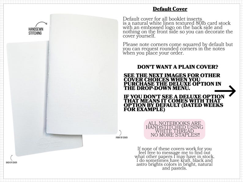 The image is a white folder with a natural white linen texture, and it is described as a "Default Cover" for all booklet inserts.