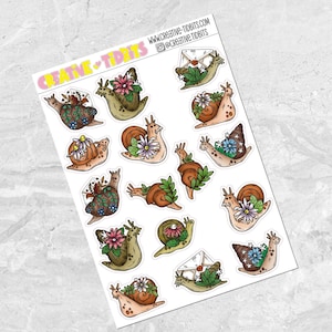 Escargots avec des plantes et des autocollants pour votre journal ou votre agenda - Feuille d'autocollants coupés Kiss - Feuille d'autocollants pour agenda