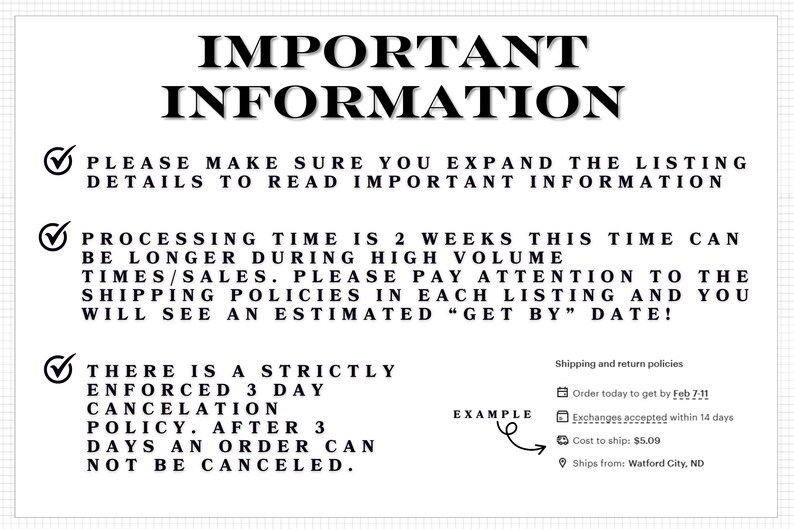a list of instructions and policies related to shipping and returns, with a focus on the shipping and return policies.