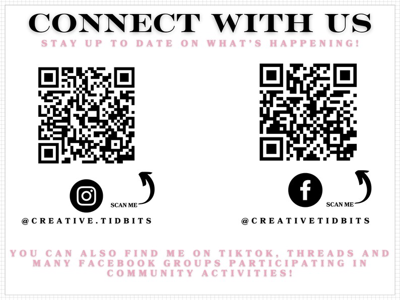 a QR code and a social media icon, along with text that encourages users to connect with Creative TidBITS and find them on platforms like Instagram, Twitter, and Facebook.