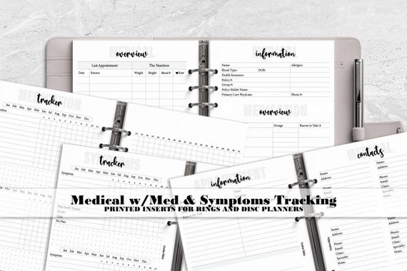 Medical Information with Medication, Symptom and Pain Level Tracker Printed Insert for Your Ring Planners - Disc Bound Planner Refill