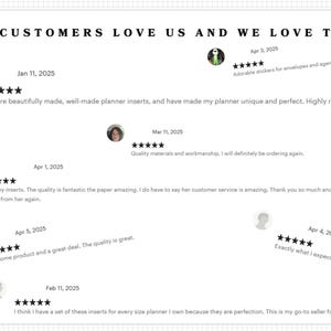 a collection of customer reviews for a product, specifically a planner. The reviews express customer satisfaction with the product, highlighting its quality, design, and ease of use. The reviews are organized into different sections, each featuring a different customer's opinion. The text in the image is clear and concise, focusing on the positive aspects of the product and the customer's experience with it.