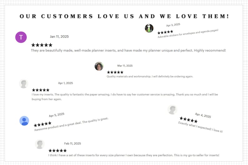 a collection of customer reviews for a product, specifically a planner. The reviews express customer satisfaction with the product, highlighting its quality, design, and ease of use. The reviews are organized into different sections, each featuring a different customer's opinion. The text in the image is clear and concise, focusing on the positive aspects of the product and the customer's experience with it.