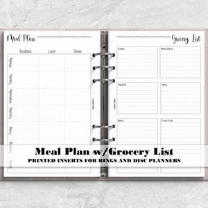 Meal Plan with Grocery List for Ring and Disc Bound Planner - Printed Planner Insert