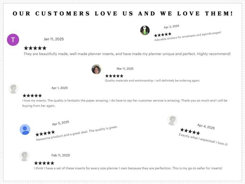 a collection of customer reviews and feedback for a product, specifically a planner. The reviews express appreciation for the quality and uniqueness of the planner, as well as the customer service provided. The reviews are dated from different months, including April, May, and February, and they all have five-star ratings. The image is a collage of these reviews, highlighting the positive experiences and satisfaction of the customers.