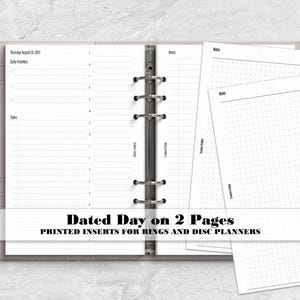 May include: A light gray six-ring binder containing white paper inserts with a daily planner layout. The left page shows a schedule for Thursday August 28, 2025, daily priorities, and tasks. Additional grid and note pages are layered on the right.