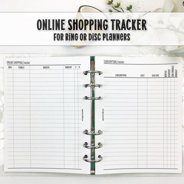 Online Shopping Tracker Insert for Ring and Disc Bound Planner - Printed Planner Insert - Subscription Tracker