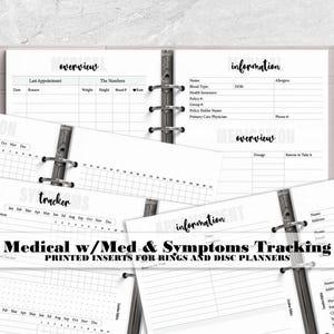 Medical Information with Medication, Symptom and Pain Level Tracker Printed Insert for Your Ring Planners - Disc Bound Planner Refill