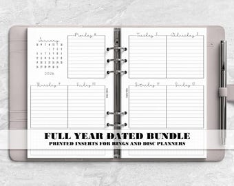 Printed Full Year Dated Months and Weeks Planner Insert for Ring or Disc Bound Planners - V-WO2P-0003