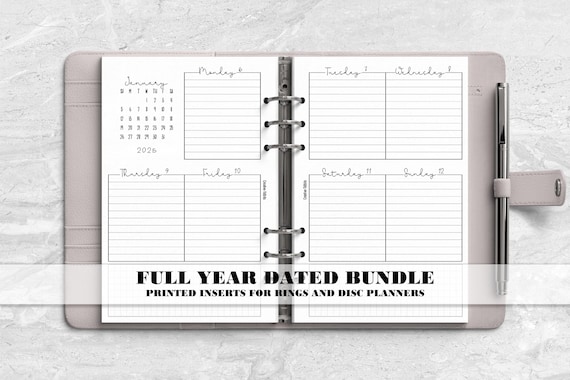 Printed Full Year Dated Months and Weeks Planner Insert for Ring or Disc Bound Planners - V-WO2P-0003