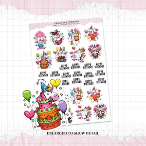 Stickers licorne joyeux anniversaire - Stickers pour agenda - Feuille d'autocollants