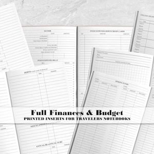 May include: A collection of white paper budget planner inserts for travelers notebooks featuring black printed text and grids. Sections include Income, Fixed Expenses, Bills, Debts, Sinking Funds, Savings, and Online Shopping. Text reads Full Finances & Budget PRINTED INSERTS FOR TRAVELERS NOTEBOOKS.