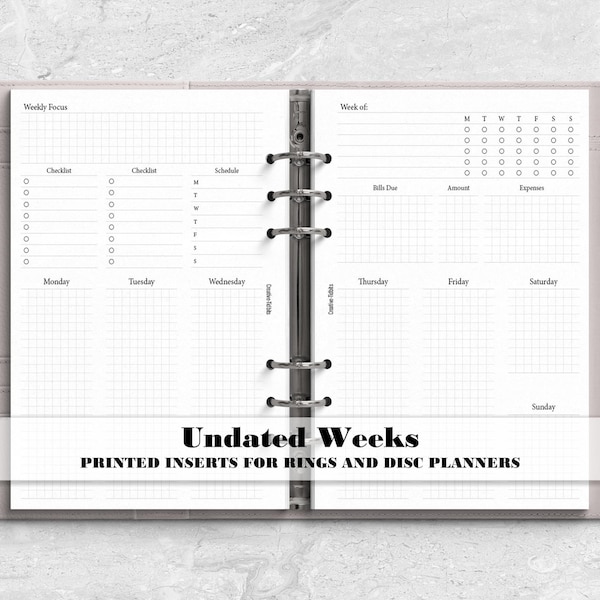 WO2P Planner Insert - Week on 2 Pages Insert- Printed Planner Insert - Planner Insert - Ringed Planner Refill - Rings Insert - V-0034