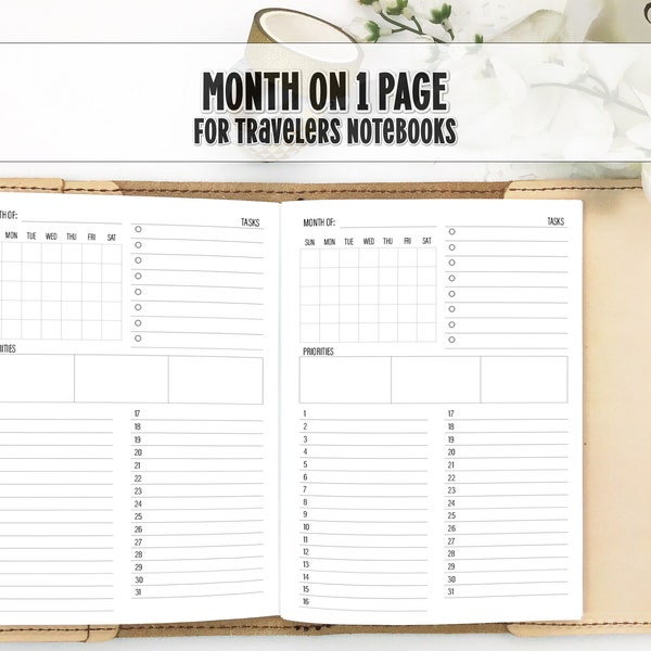 Monat auf 1 Seite für Traveler's Notebook - Printed Travelers Notebook Insert