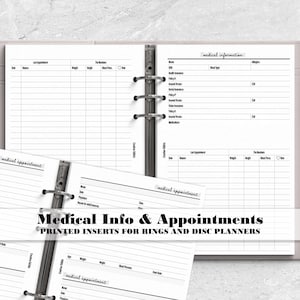 Medical Information with Appointments Insert for Ring and Disc Bound Planners - Printed Planner Insert