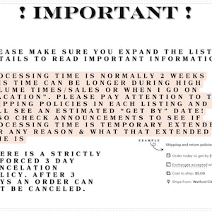 a list of instructions and information about shipping policies, including details about processing times, order policies, and shipping information.