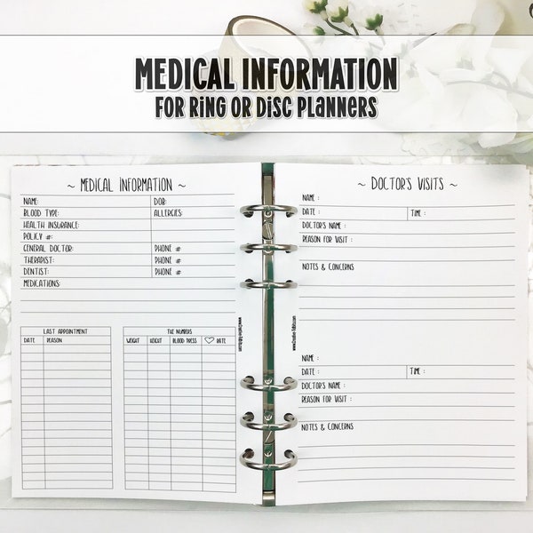 Medical Information & Doctors Appointments Insert for Ring and Disc Bound Planners - Printed Planner Insert